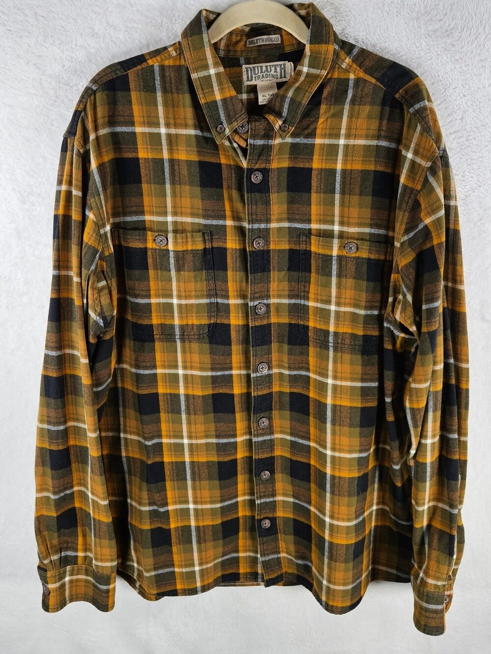 Duluth Trading Co Untucked Flannel Shirt Gold Olive Plaid Men's Size XL Tall
